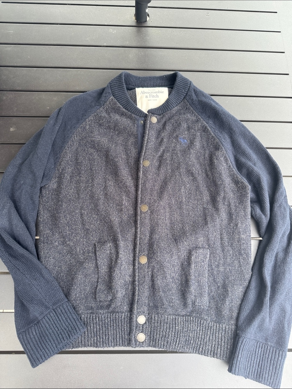 Abercrombie & Fitch Navy Two-Tone Knit Bomber Cardigan